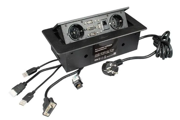 Блок розеток BRV - общий вид Врезной блок розеток BRV чёрный с кабелями USB, VGA, RJ45 и евровилкой.