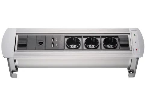 Фронтальный вид поворотного блока розеток: разъёмы RJ-45, USB и евророзетки.