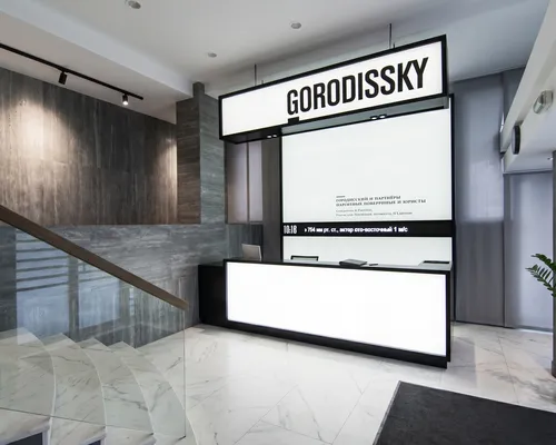 Стойка ресепшн РИ-177 с бренд-стеной 7м², черный искусственный камень, LED-подсветка.