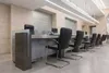 Фасад стола РП-089 с серым стеклом, пилоны из искусственного камня.